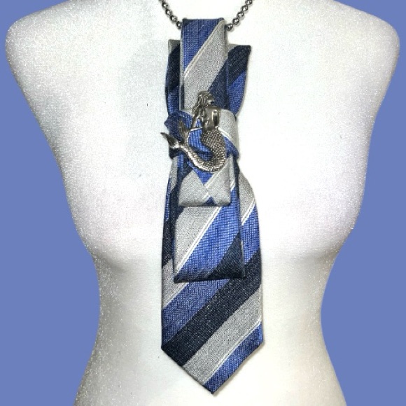 “Dainty Dapper”Striped Blue And Gray Necktie Necklace With Attached Mermaid